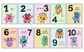 Cute monster patterns number flashcards in doodle style