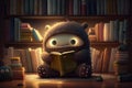 cute monster reads in cozy library, surrounded by towering bookshelves and warm lighting