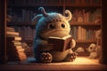 cute monster reads in cozy library, surrounded by towering bookshelves and warm lighting