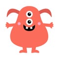 Cute monster red face head icon. Happy Halloween. Eyes, horns, hands, cheeks, tooth fangs. Cute cartoon kawaii scary funny baby