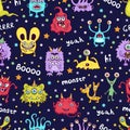 Cute monster seamless pattern, funny cartoon character print, fabric, textile design. Cheerful colorful fairy creatures on dark Royalty Free Stock Photo
