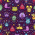 Cute monster seamless pattern, funny cartoon character print, fabric, textile design. Cheerful colorful fairy creatures on dark Royalty Free Stock Photo