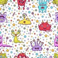 Cute monster seamless pattern, funny cartoon character print, fabric, textile design. Cheerful colorful various fairy creatures on Royalty Free Stock Photo