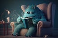 cute monster sips hot beverage while reading in cozy chair