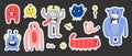 Cute monster sticker. Funny creatures, little mutant or alien, spooky fantasy characters with text, childish decor collection,