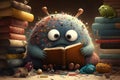 cute monster surrounded by collection of different books, each one with its own unique cover