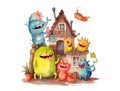 Cute monsters building a house watercolor painting on white Royalty Free Stock Photo