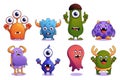 Cute monsters. Cartoon colorful fairy creature with funny eyes and mouth, alien animal mascot characters in flat style Royalty Free Stock Photo