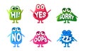 Cute Monsters Characters Set, Colorful Emojis with Words In Their Mouths, Hi, Yes, Sorry, No, Oops, Zzz Vector