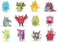 Cute monsters. Funny fabulous incredible creatures with smiles and goofy faces, cartoon alien, dragons and devil spooky