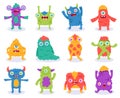 Cute monsters. Halloween cartoon monsters characters, funny fluffy creature, gremlin or alien, spooky monsters mascots