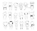 Cute monsters set. Hand drawn collection with little creatures in school age in casual clothes, with school bags. Doodle sketch dr Royalty Free Stock Photo