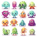 3D Cute cartoon monsters. Comic halloween joyful monster characters. Funny devil, ugly alien and smile creature flat vector set Royalty Free Stock Photo