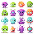 3D Cute cartoon monsters. Comic halloween joyful monster characters. Funny devil, ugly alien and smile creature flat vector set Royalty Free Stock Photo