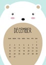 Cute month calendar design for 2018 year. Bear. December. A4 format. Vector