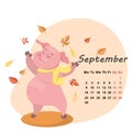 Cute month calendar with pig for September 2019