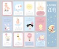 Cute monthly calendar 2019 with fox,sheep,moon,rabbit,girl,bear