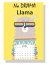 Cute monthly calendar of 2021 with a llama, cactus, inscriptions in the Scandinavian children`s style. For web, banners, posters,