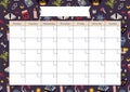 Cute monthly calendar template with magic occult things, witchcraft, cartoon style. Printable A4 paper sheet, planner