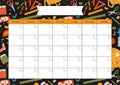 Cute monthly calendar template, school stationery and art supplies, cartoon style. Printable A4 paper sheet, planner for