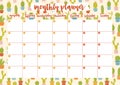 Cute monthly planer for 2019 year on cacti background. A4 print ready open date calendar design.