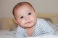 Cute 4 months old baby boy having tummy time and making funny faces Royalty Free Stock Photo