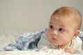 Cute 4 months old baby boy having tummy time on white quilt covered with blue blanket Royalty Free Stock Photo