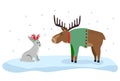 Cute moose and hare flat color illustration. Xmas drawing