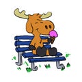 Cute moose sitting on a bench and eating ice cream