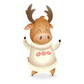 Cute Moose wearing white ugly sweater and celebrate winter holidays - vector illustration isolated on transparent background