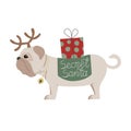 Cute mops with horns is delivering gift from Secret Santa. Christmas, New year vector illustration for banner, card
