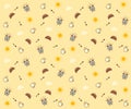 Cute morning seamless pattern background. Vector wallpaper illustration with clouds, the sun, breakfast elements