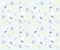 Cute morning seamless pattern background. Vector wallpaper illustration with clouds, the sun, breakfast elements