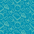 Cute morning vector seamless pattern with cake, heart, cup. Breakfast, lunch background.