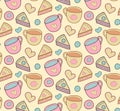 Cute morning vector seamless pattern with cake, heart, cup. Breakfast, lunch background.