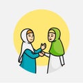 Cute moslem girl doing hand shake celebrating eid mubarak cartoon vector icon illustration