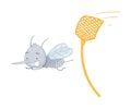 Cute mosquito flying away from fly swatter. Adorable parasitic insect funny character cartoon vector illustration Royalty Free Stock Photo