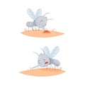 Cute mosquito sucking blood set. Funny parasitic insect character sitting on skin cartoon vector illustration Royalty Free Stock Photo