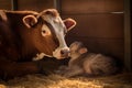 Cute mother cow nuzzling her newborn calf in a cozy corner of the barn. Generative AI Royalty Free Stock Photo