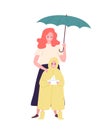 Cute mother and daughter dressed in raincoat standing under umbrella. Mom and child walking outdoors on rainy day. Happy