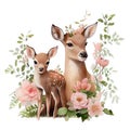 Cute mother deer with baby with pink flowers watercolor Illustration isolated on white. Generative AI Royalty Free Stock Photo