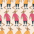 Cute mother kangaroo with baby in colorful sweater vector illustration. Funny animal character in clothes seamless pattern. Royalty Free Stock Photo