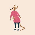 Cute mother kangaroo with baby in pink pullover hand drawn vector illustration. Funny animal character in flat style for kids. Royalty Free Stock Photo