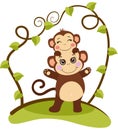 Cute mother monkey with little child on head on tree branch green leaves.