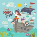 Cute mother pirate sailing with her kids in ship Royalty Free Stock Photo