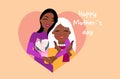 Cute mother's day poster, dark-skinned girl hugging elderly mother with gray hair, flat style, modern illustration