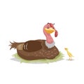 Cute mother turkey sitting on nest and little turkey-poult. Farm animals and bird family. Cartoon comic style vector illustration