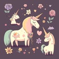 Cute mother unicorn with child girl, flowers, hearts. Beautiful cartoon character mom, baby animals. Watercolor vector