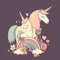 Cute mother unicorn with kid girl, in flowers, rainbow, hearts. Beautiful cartoon character mom and baby magic horse