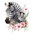 Cute mother zebra and baby with pink flowers watercolor Illustration isolated on white. Generative AI Royalty Free Stock Photo